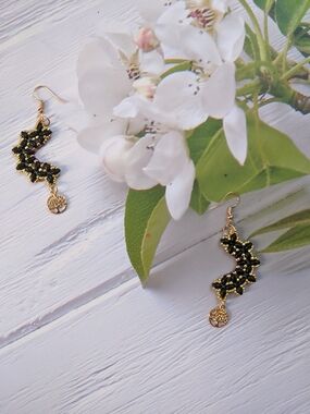 Gold and Black Beaded  Drop Earrings
